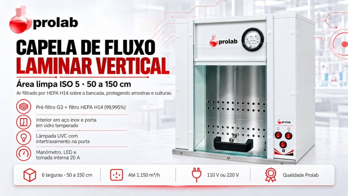 Capela de Fluxo Laminar Vertical Prolab: 6 larguras de 50 a 150 cm, pré-filtro G3 + HEPA H14, interior inox, UVC com intertravamento, manômetro, LED e tomada 20 A, 110 V ou 220 V