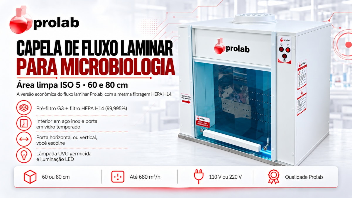 Capela de Fluxo Laminar para Microbiologia Prolab: 60 e 80 cm, porta horizontal ou vertical, pré-filtro G3 + HEPA H14, interior inox, UVC germicida e LED, 110 V ou 220 V