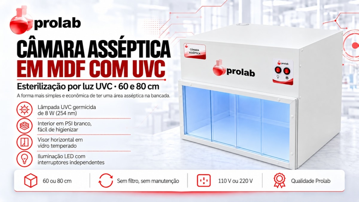 Câmara Asséptica em MDF Prolab: 60 e 80 cm, esterilização por lâmpada UVC germicida 8 W, interior em PSI branco, visor horizontal em vidro temperado, LED, 110 V ou 220 V