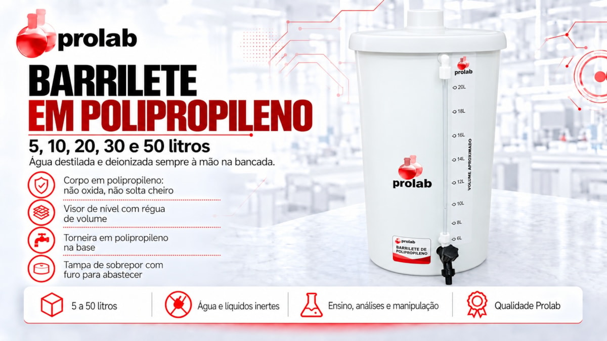 Barrilete em Polipropileno Prolab 5, 10, 20, 30 e 50 litros: corpo em polipropileno, visor de n&iacute;vel com r&eacute;gua de volume, torneira em polipropileno na base, tampa de sobrepor com furo para abastecer, para &aacute;gua destilada e deionizada