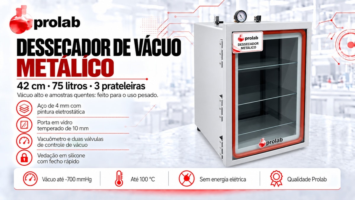 Dessecador de V&aacute;cuo Met&aacute;lico Prolab 42 cm, 75 litros, 3 prateleiras: a&ccedil;o de 4 mm com pintura eletrost&aacute;tica, porta em vidro temperado de 10 mm, vacu&ocirc;metro e duas v&aacute;lvulas, veda&ccedil;&atilde;o em silicone com fecho r&aacute;pido, v&aacute;cuo at&eacute; -700 mmHg, at&eacute; 100 &deg;C