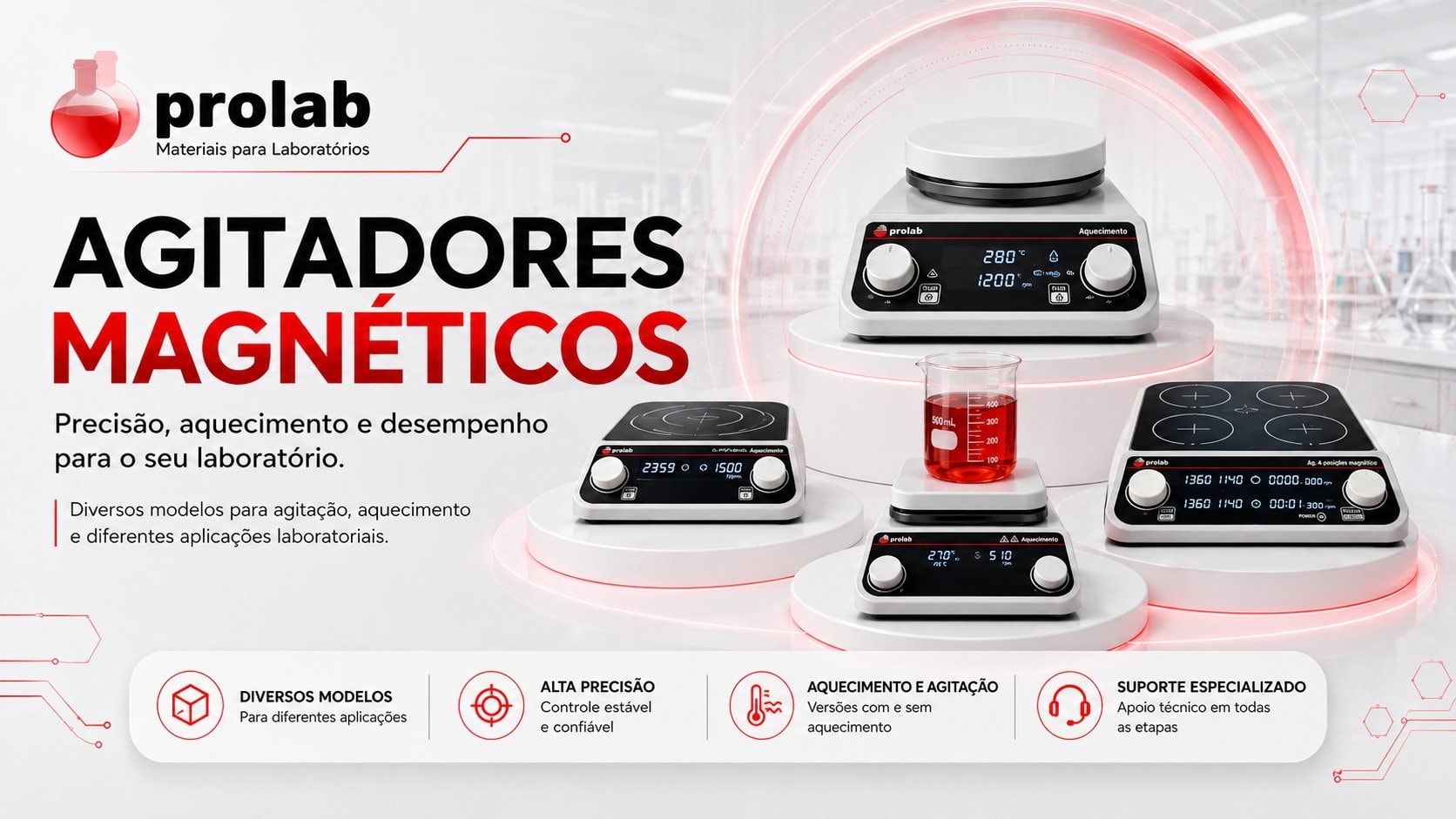 Agitador magnético Prolab — modelos de 2 a 20 litros, com e sem aquecimento, até 3000 rpm