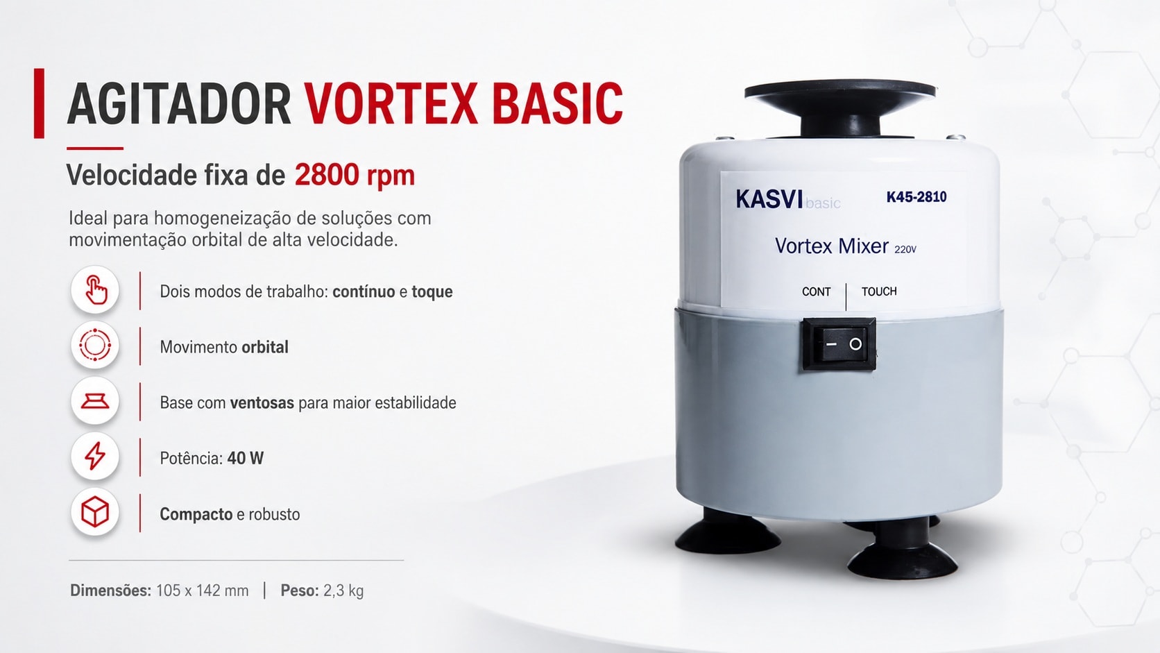 Agitador Vortex Basic Kasvi 2800 rpm para laboratório - movimento orbital, modos contínuo e toque, base com ventosas