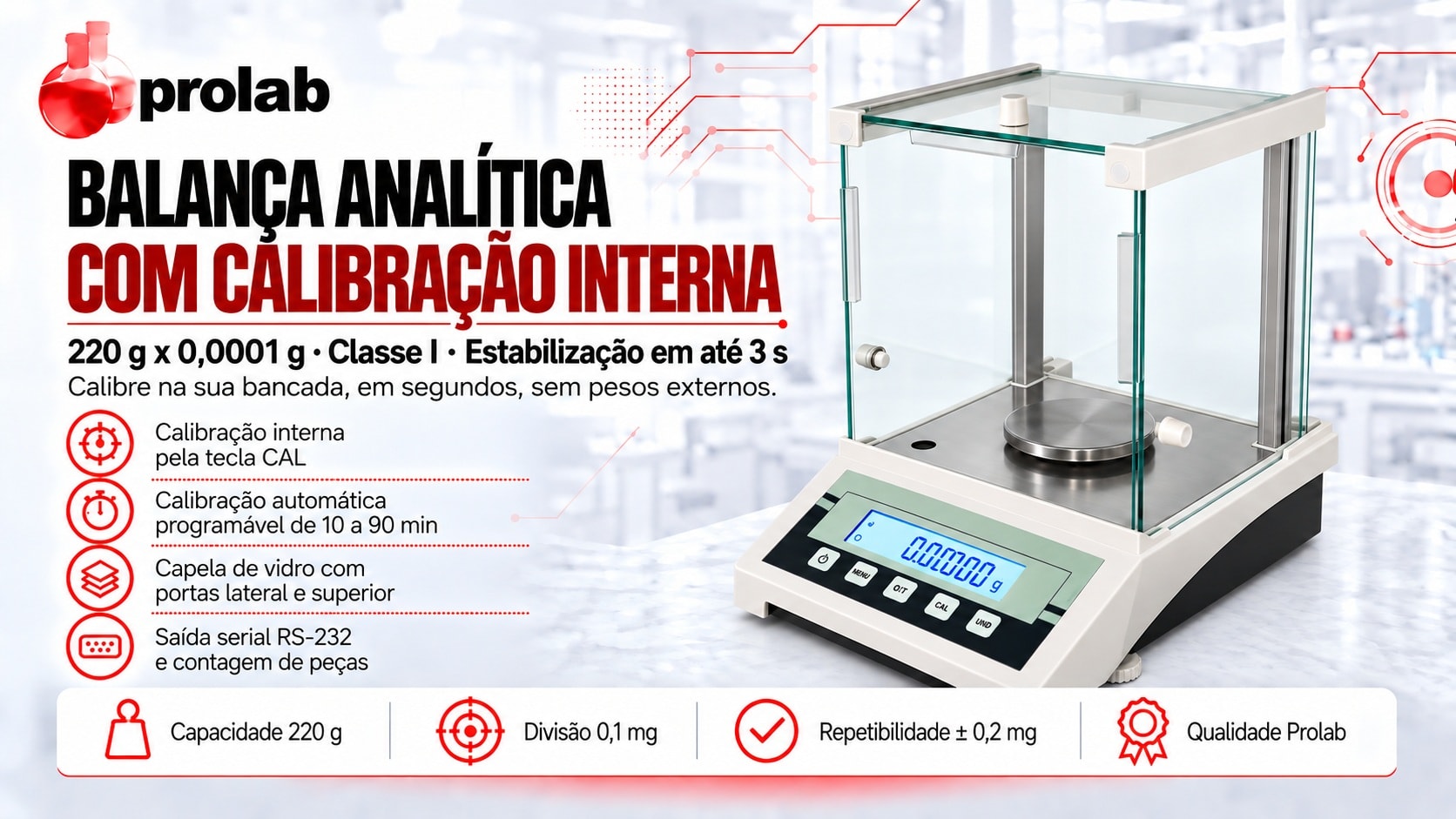 Balança analítica Prolab 220 g x 0,1 mg com calibração interna e capela de pesagem