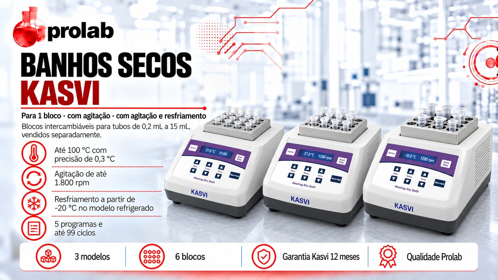 Banhos secos Kasvi para 1 bloco, com agitação e com agitação e resfriamento, vendidos pela Prolab