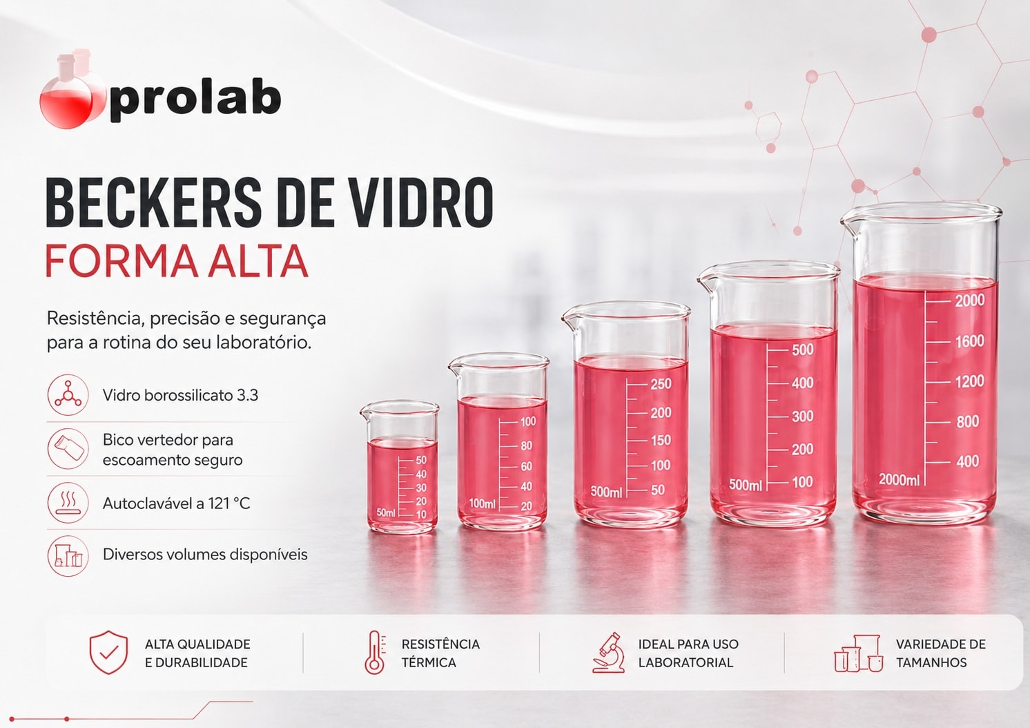 Copo Becker de Vidro Forma Alta Berzelius Prolab, linha de 50 ml a 2 litros