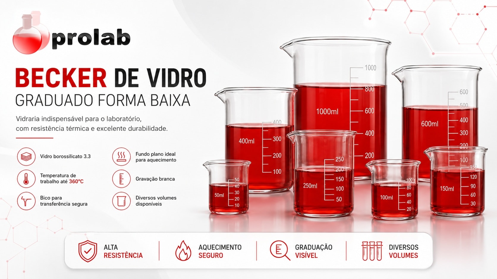 Copo Becker de Vidro Graduado Forma Baixa Prolab 1000 ml (1 litro) em borossilicato 3.3