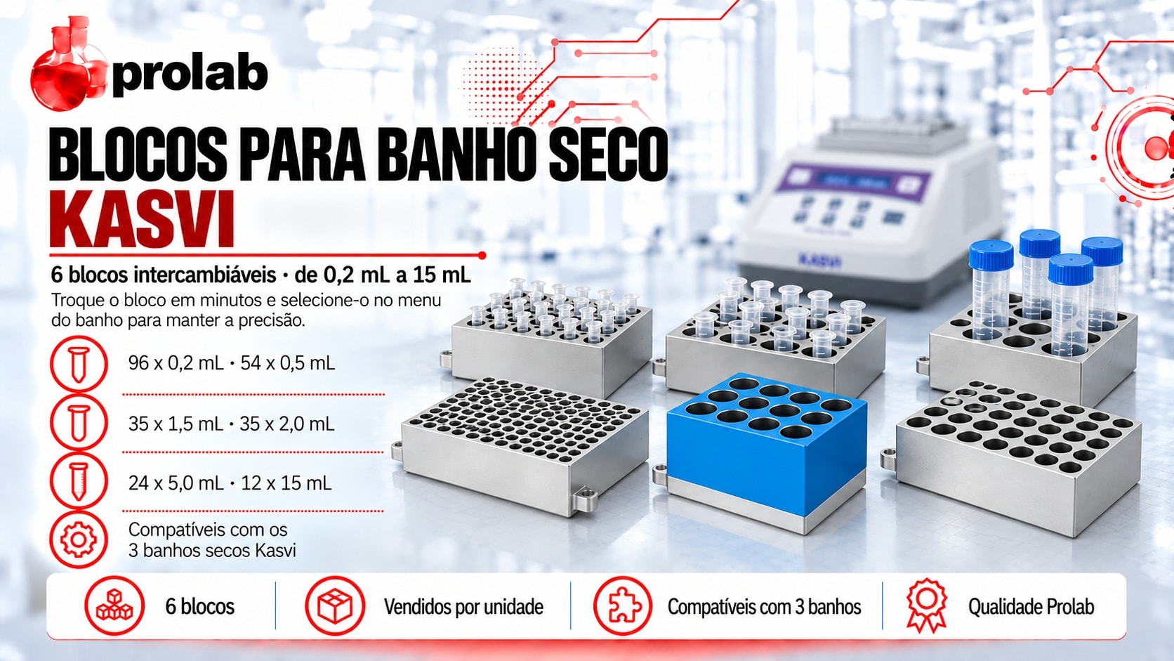 Blocos intercambiáveis Kasvi para banho seco, de 0,2 mL a 15 mL, vendidos pela Prolab