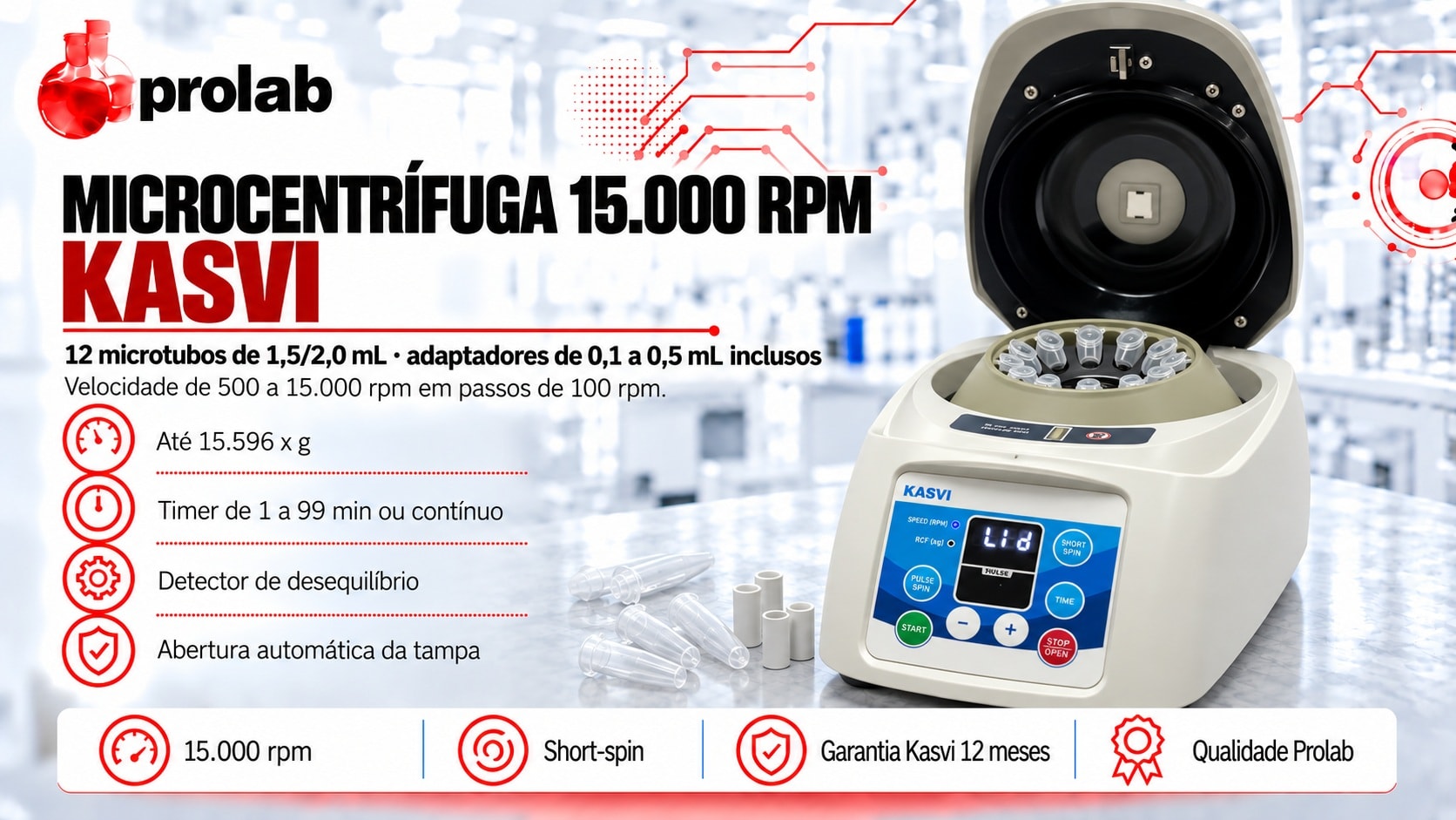 Microcentrífuga Kasvi 15.000 rpm para 12 microtubos, vendida pela Prolab
