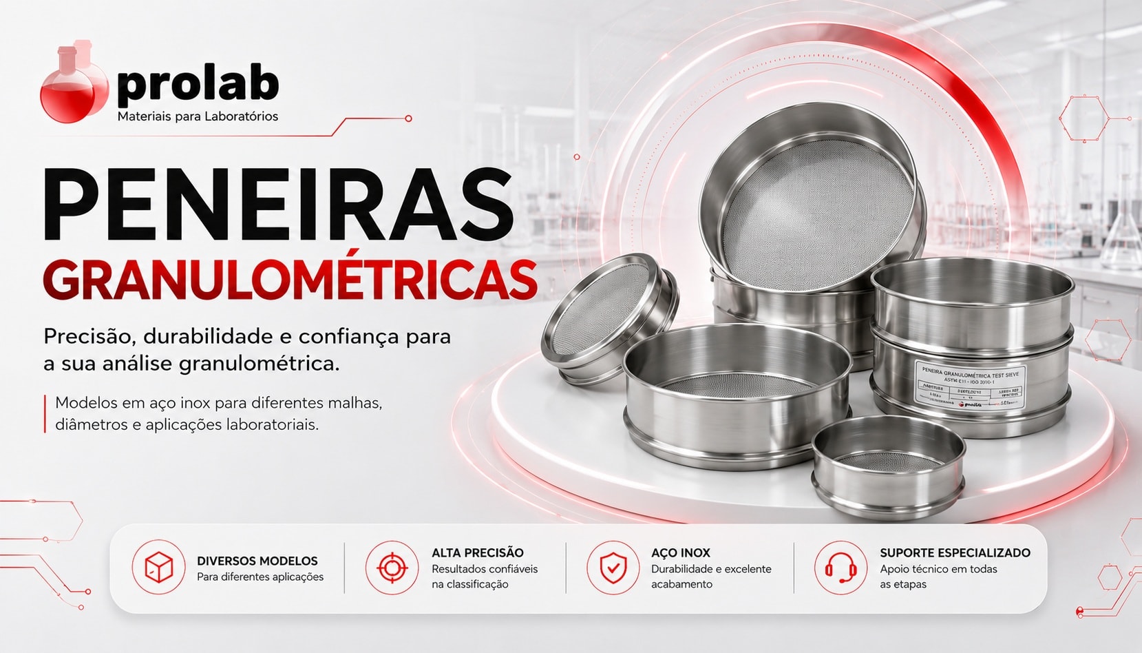 Peneiras granulométricas Prolab em aço inox - modelos para diferentes malhas, diâmetros e aplicações laboratoriais