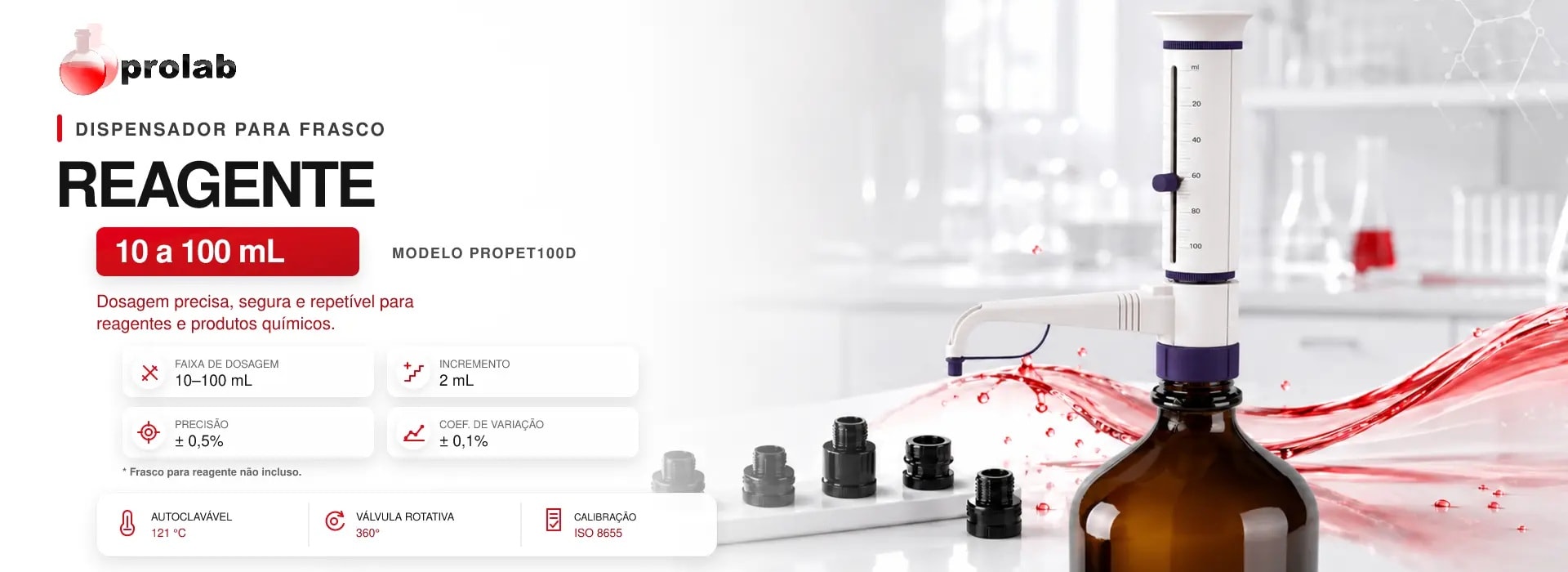 Dispensador para Frasco Reagente 10,0 a 100,0 mL Autoclavável — linha PROPET, Prolab