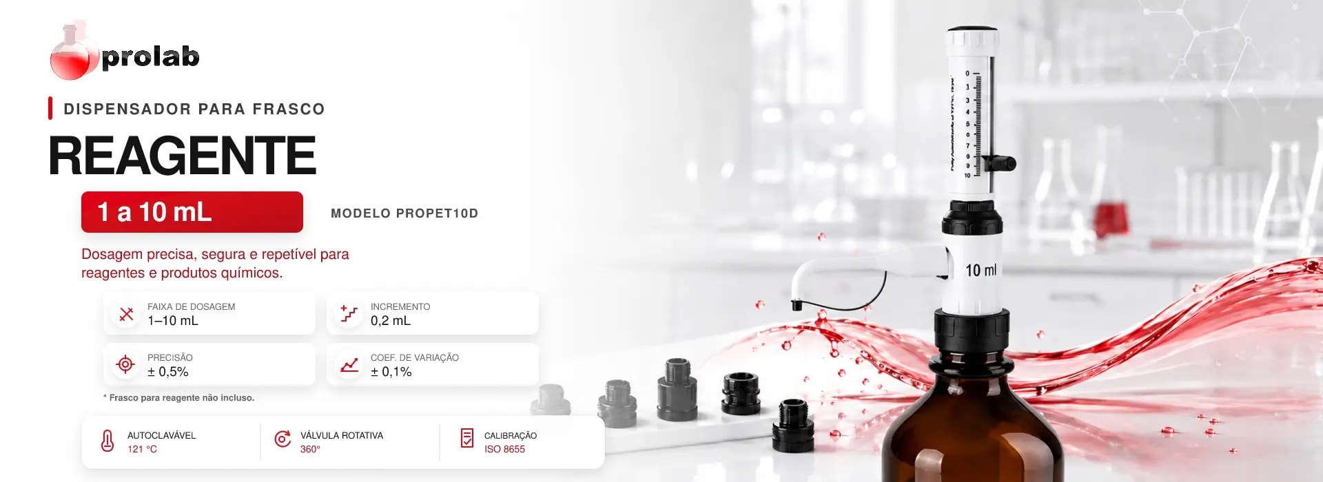 Dispensador para Frasco Reagente 1,0 a 10,0 mL Autoclavável — linha PROPET, Prolab