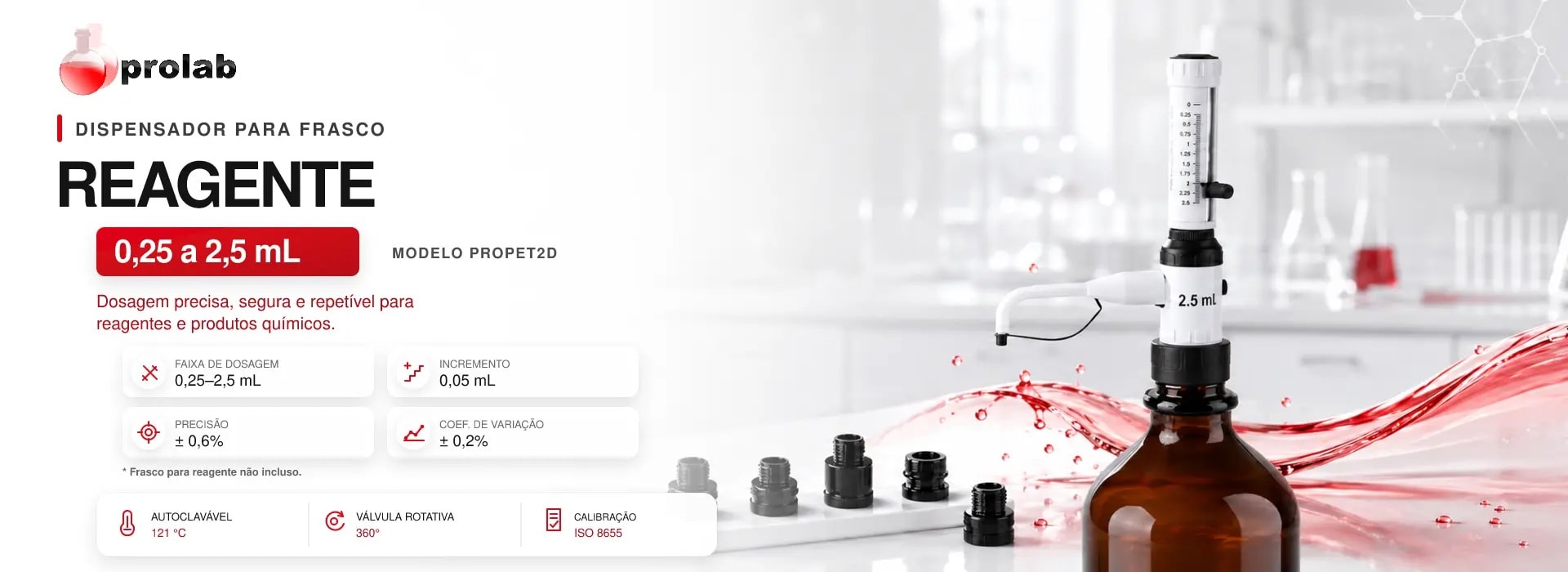 Dispensador para Frasco Reagente 0,25 a 2,5 mL Autoclavável — linha PROPET, Prolab