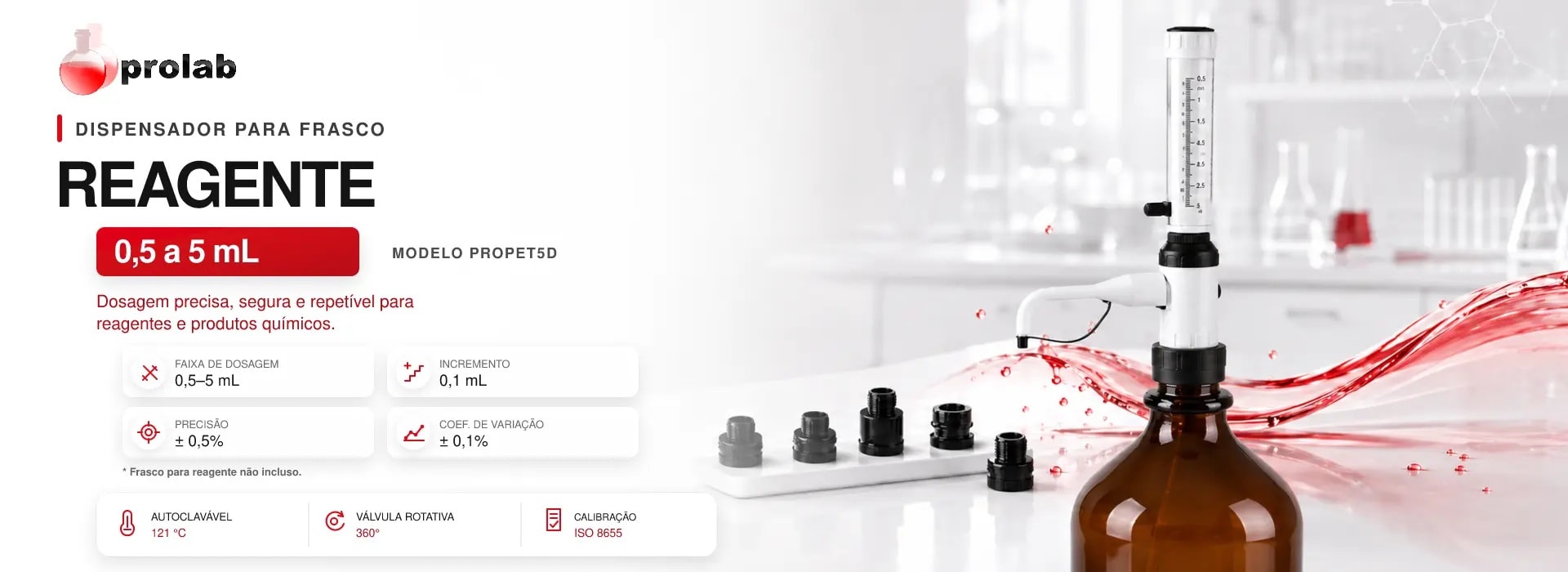 Dispensador para Frasco Reagente 0,5 a 5,0 mL Autoclavável — linha PROPET, Prolab