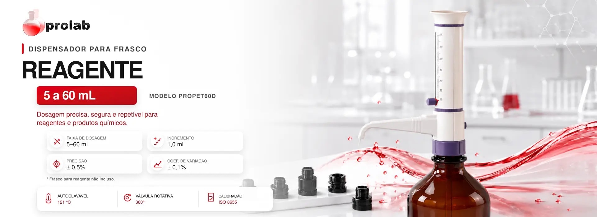 Dispensador para Frasco Reagente 5,0 a 60,0 mL Autoclavável — linha PROPET, Prolab