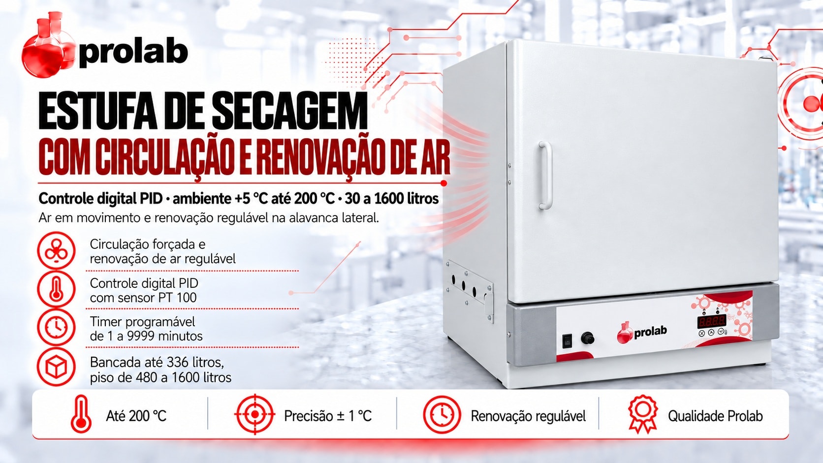 Estufa de Secagem com Circulação e Renovação de Ar Prolab de 30 a 1600 litros, controle digital PID até 200 °C