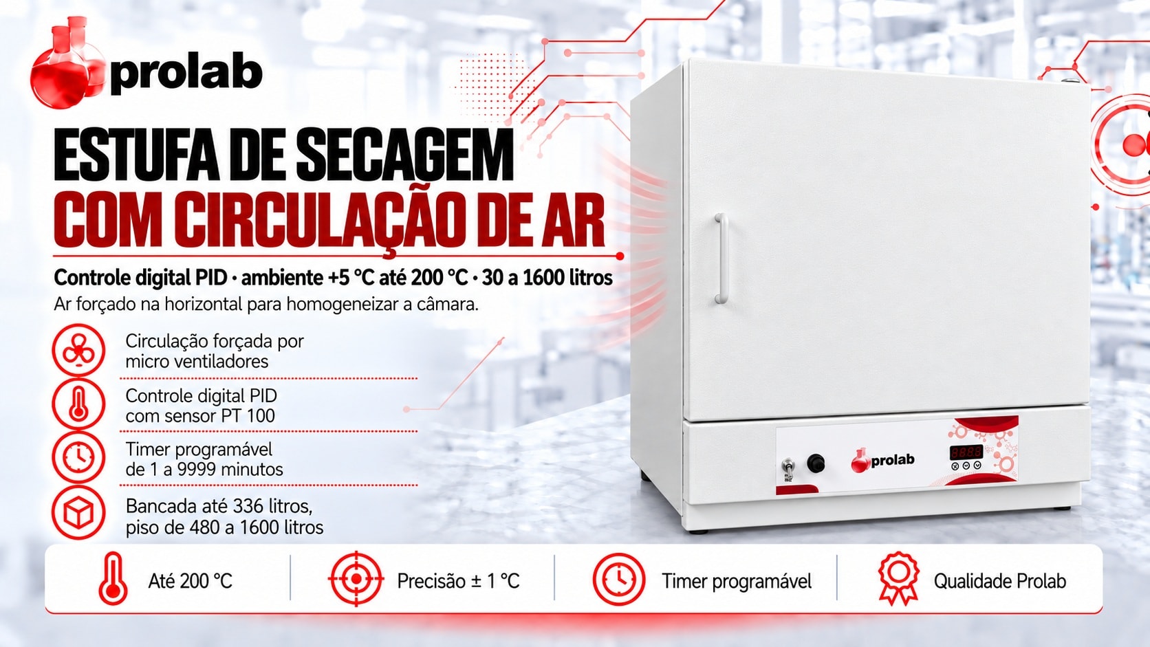 Estufa de Secagem com Circulação de Ar Prolab de 30 a 1600 litros, controle digital PID até 200 °C