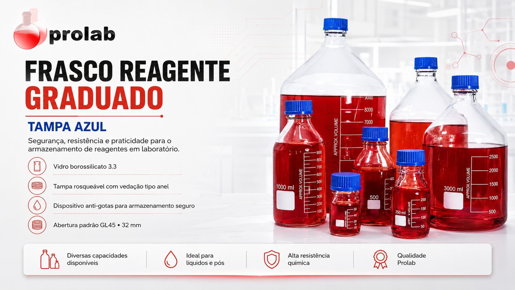 Frasco Reagente Graduado Tampa Azul Prolab 250 ml em vidro borossilicato 3.3