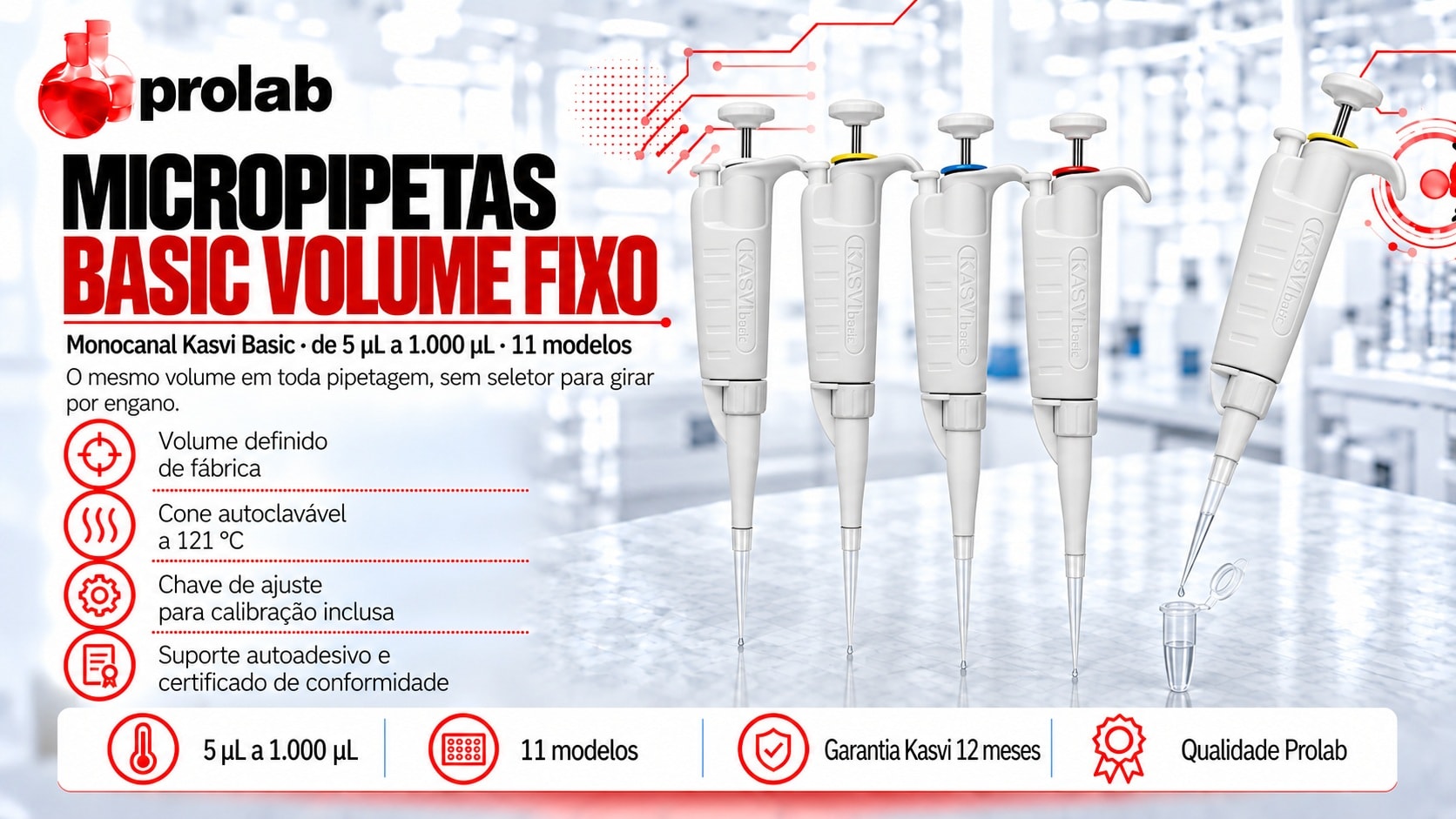 Micropipetas Kasvi Basic monocanais de volume fixo, de 5 µL a 1.000 µL, vendidas pela Prolab