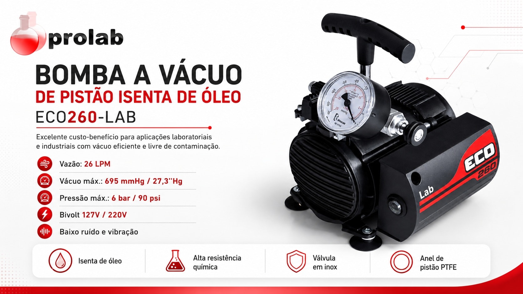 Bomba de vácuo para laboratório isenta de óleo de pistão ECO260-LAB Prolab, 26 LPM e 660 mmHg, bivolt