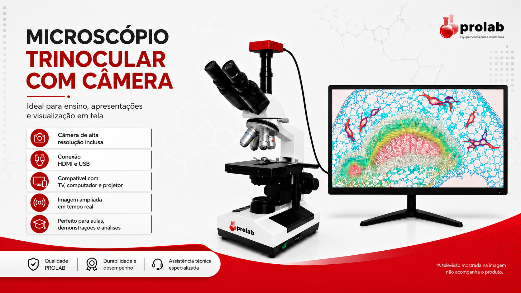 Microscópio Trinocular com Câmera 4K 55MP HDMI e USB - aumento de 40x a 1600x, sensor SONY, linha Prolab