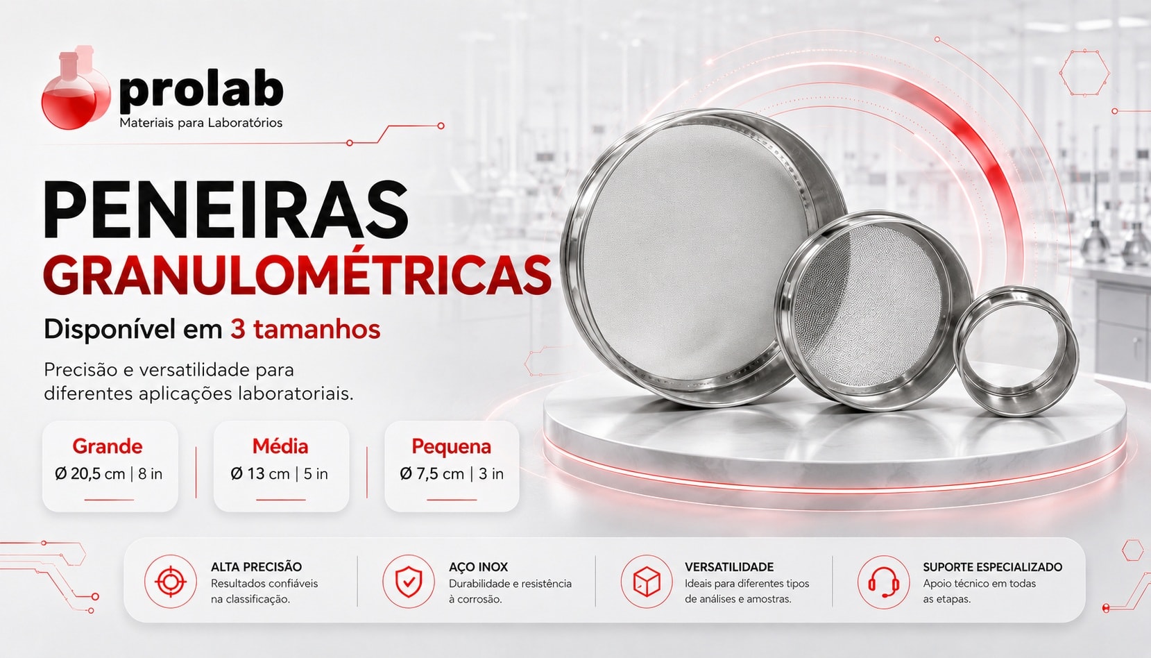 Peneira granulométrica Prolab em aço inox - 3 tamanhos (Grande 8 polegadas, Média 5 polegadas, Pequena 3 polegadas). Este produto: Média.