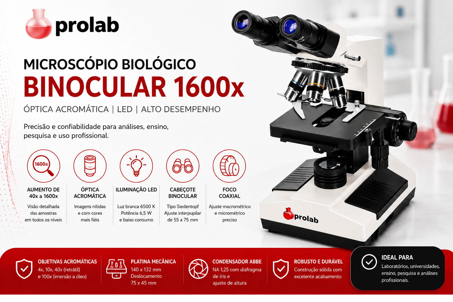 Microscópio biológico binocular K55-BA com iluminação LED e objetivas acromáticas de 40x a 1600x