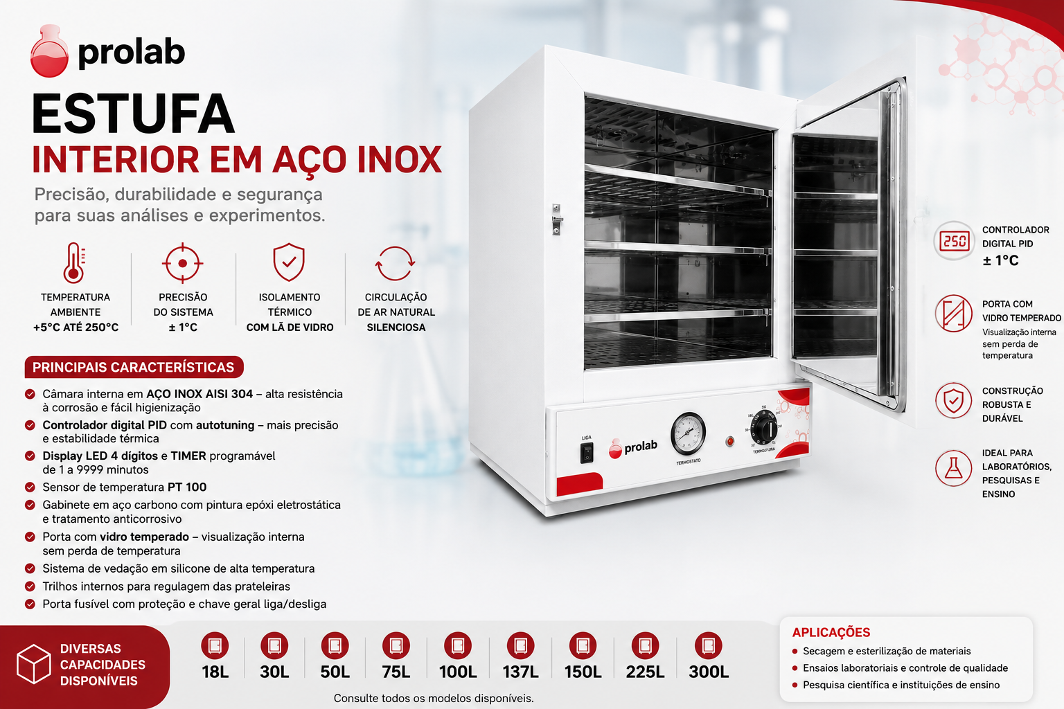 Estufa de Esterilização e Secagem Analógica Linha SSAi - Interior em Aço Inox AISI 430 - Prolab