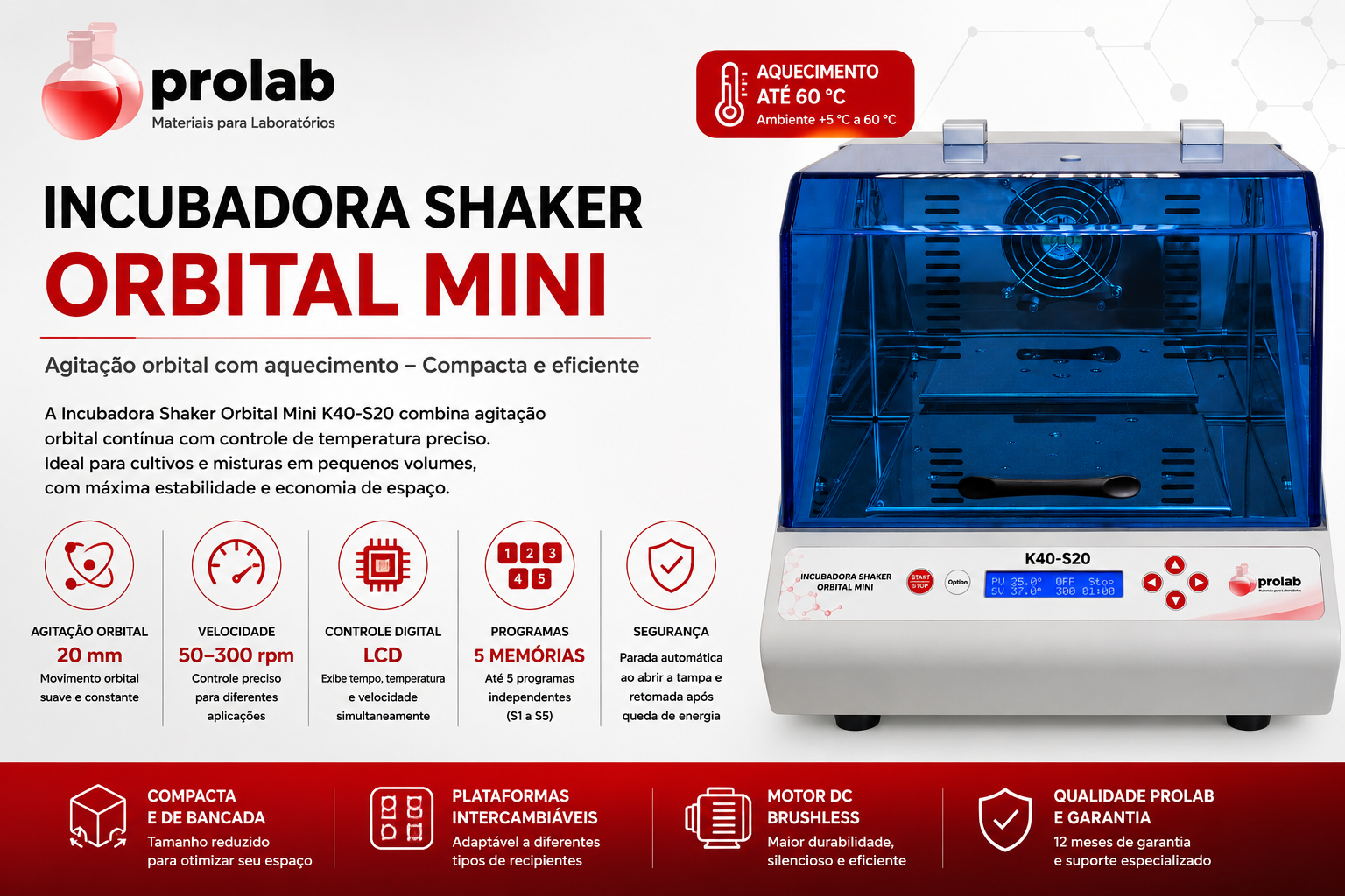 Incubadora Shaker Orbital Mini K40-S20 de bancada Prolab com agitação orbital, aquecimento até 60 °C e display LCD
