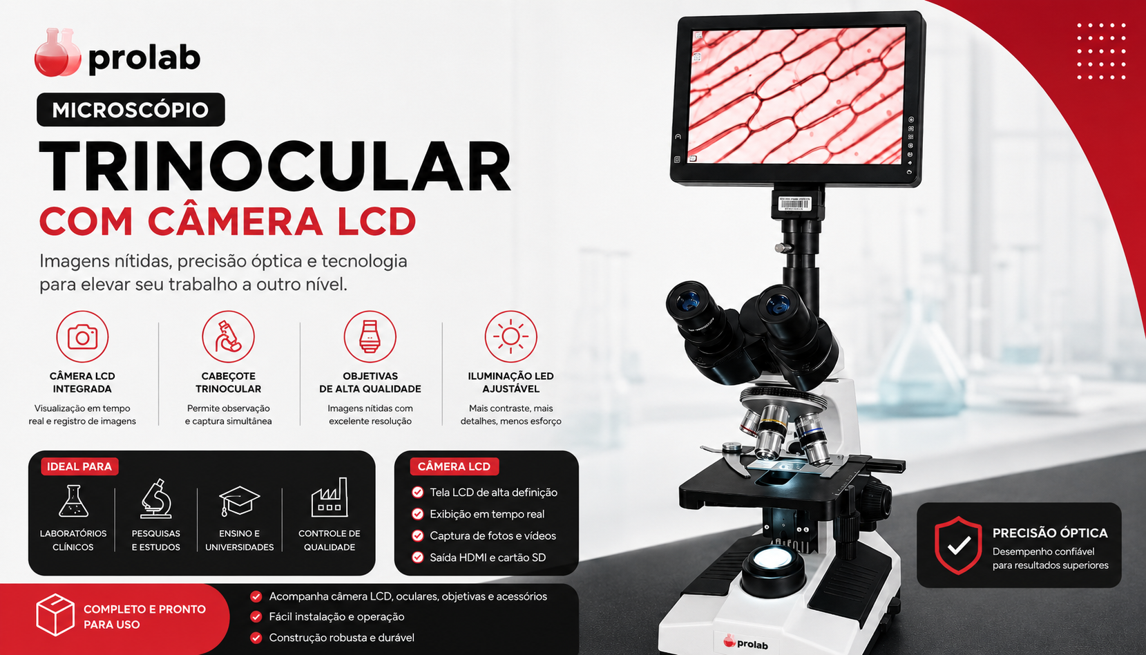 Microscópio Trinocular 1600x com Câmera LCD 9 polegadas 12MP — Kit PRO-1600LCD Prolab