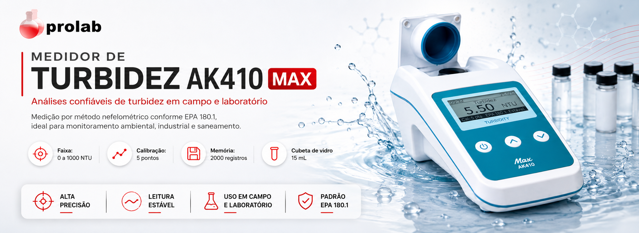 Turbidímetro portátil digital AK410 Max de 0 a 1000 NTU, método nefelométrico EPA 180.1, com cubetas de vidro e maleta de transporte