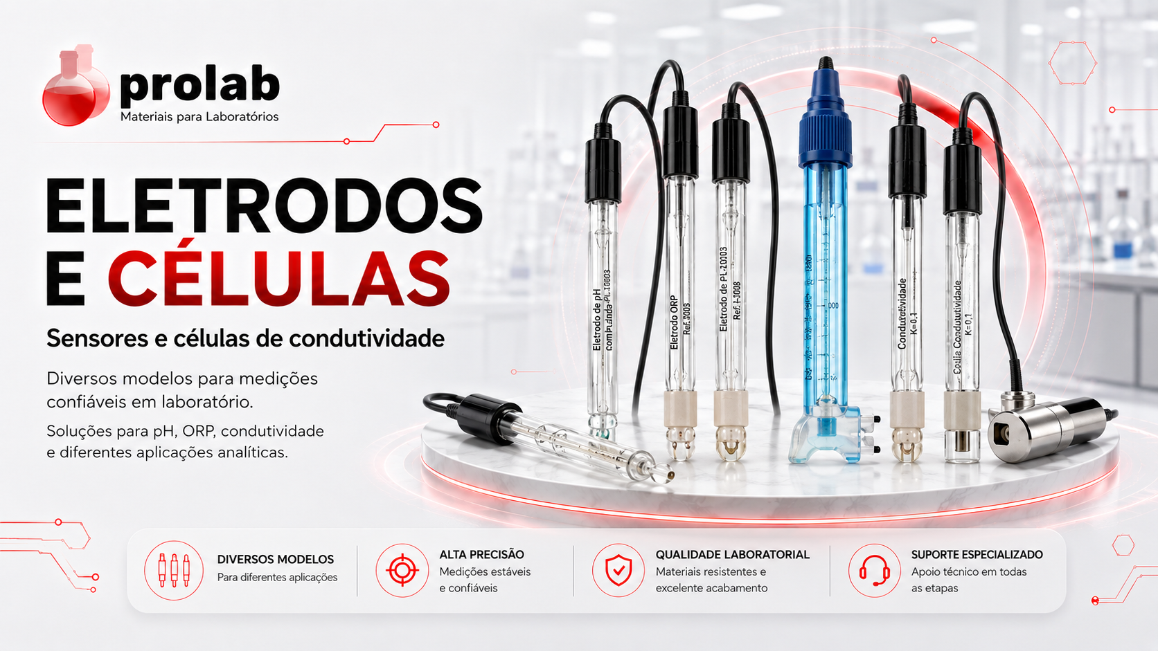 Linha de eletrodos para pHmetro, sensores de pH e ORP Sensoglass na Prolab