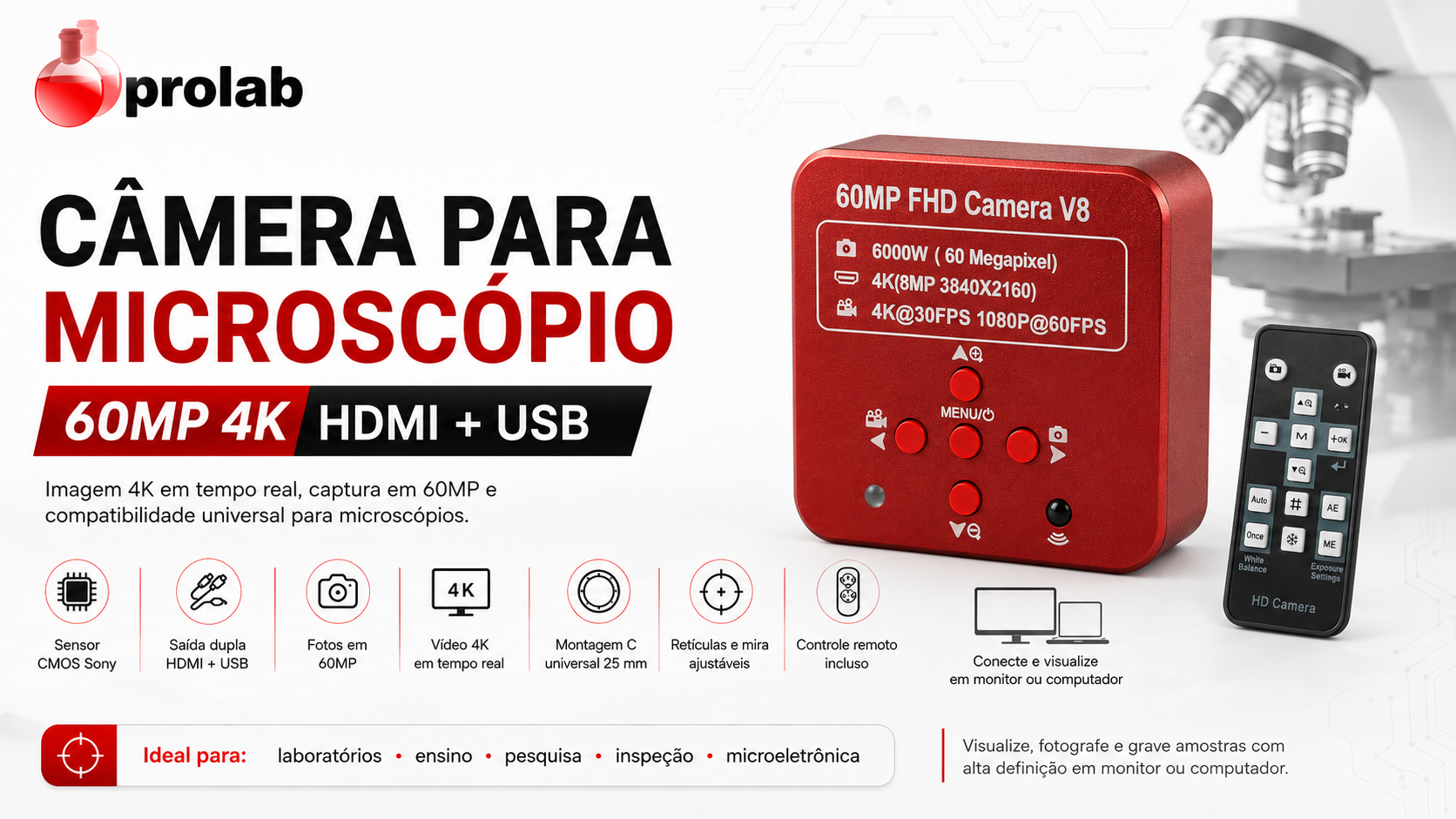 Câmera Para Microscópio 60MP 4K com entrada HDMI e USB e controle remoto