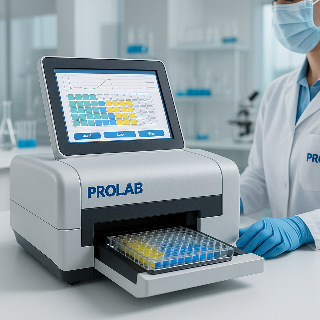 Leitora de microplacas Prolab realizando ensaio ELISA em microplaca de 96 poços