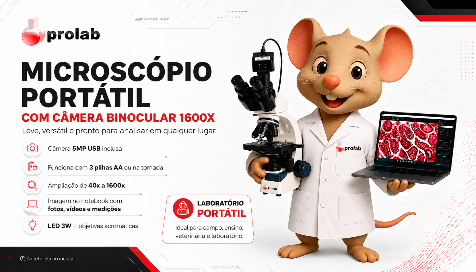 Microscópio Biológico Binocular Portátil 1600x com Câmera 5MP USB e adaptador 0,5x