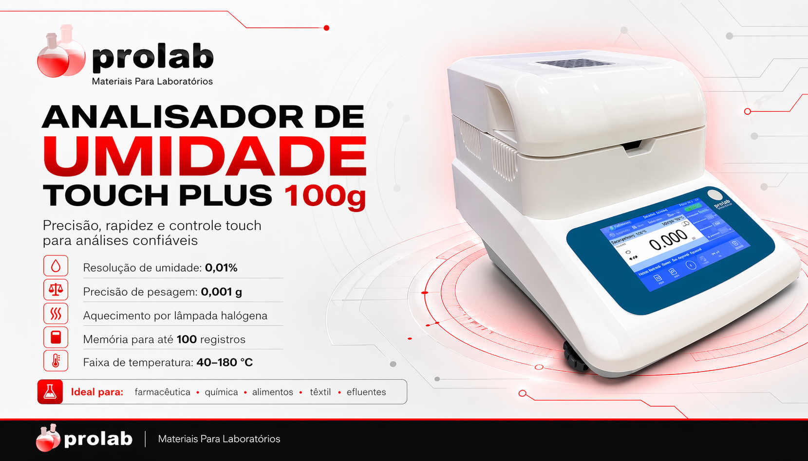 Analisador de Umidade Halógeno Touch Screen MA Touch Plus AK721 — Vista frontal em bancada de laboratório