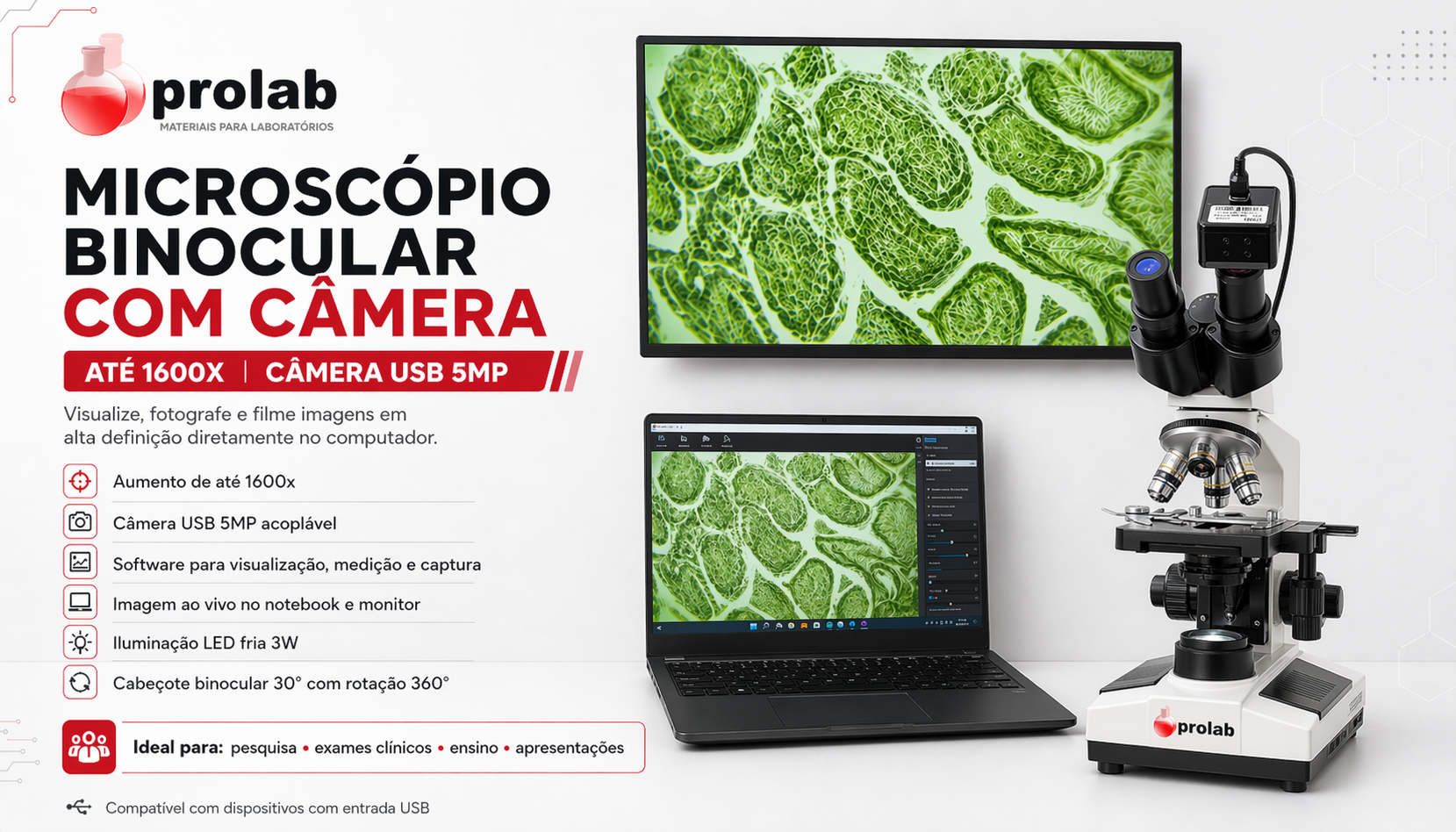 Kit Microscópio Biológico Binocular 1600X com Câmera USB 5MP — Prolab