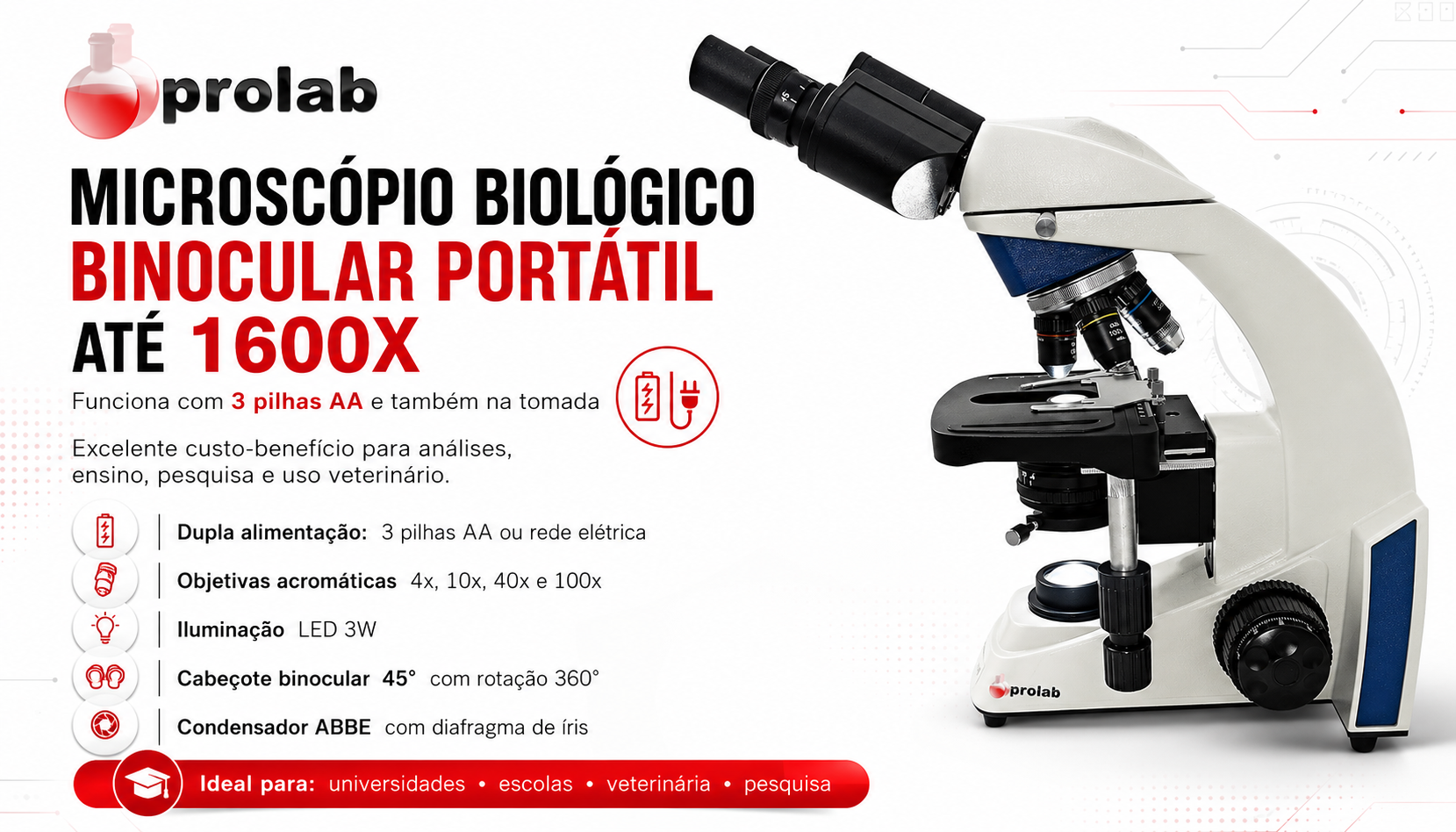 Microscopio Biologico Binocular 1600x LED Bateria Recarregavel Prolab BLUE1600BA-L-BAT