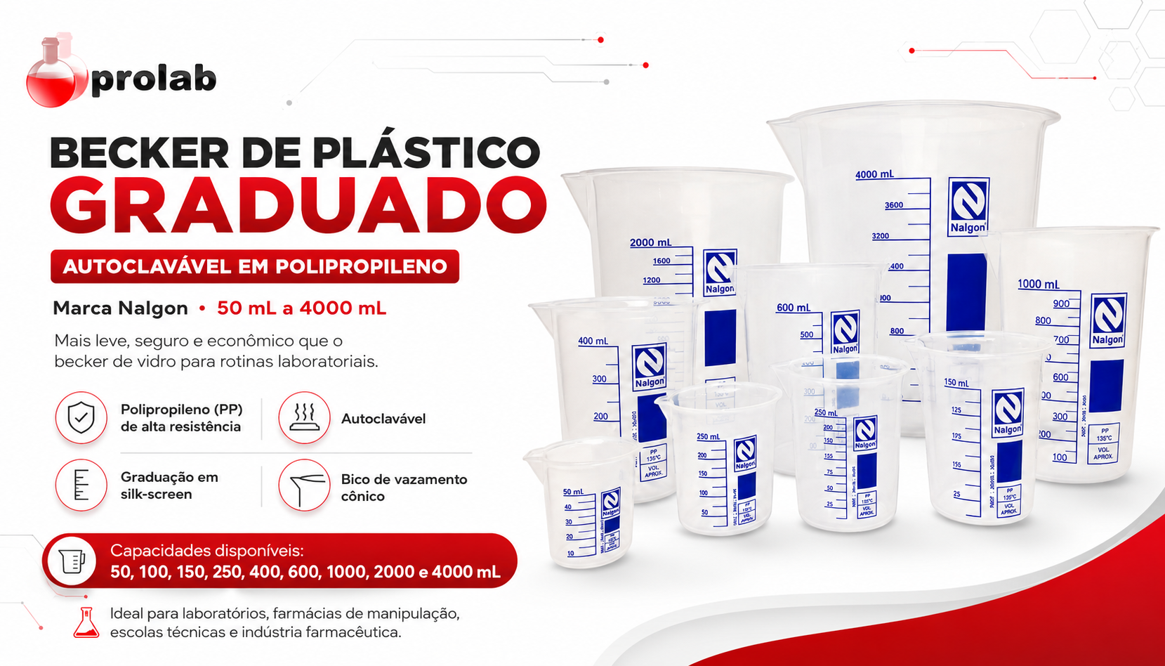 Becker de plástico de polipropileno graduado Prolab, forma baixa com bico, 50 mL