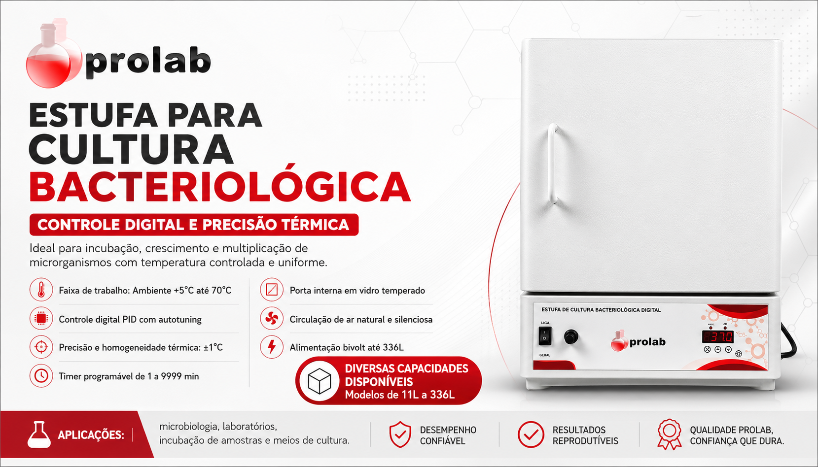 Estufa de Cultura Bacteriológica SSB SolidSteel - linha completa de 11L a 630L