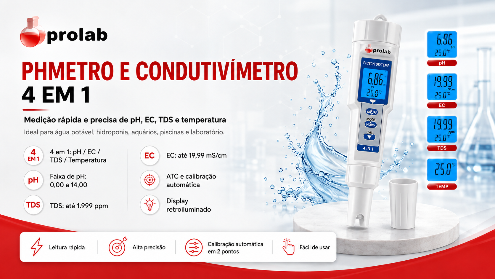 pHmetro e condutivímetro de bolso 4 em 1 PH3508 Prolab medindo pH, EC, TDS e temperatura com display retroiluminado