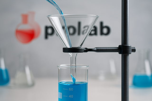Funil de vidro borosilicato Prolab realizando transferência controlada para erlenmeyer