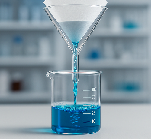 Filtração por gravidade com funil de vidro e papel de filtro em erlenmeyer