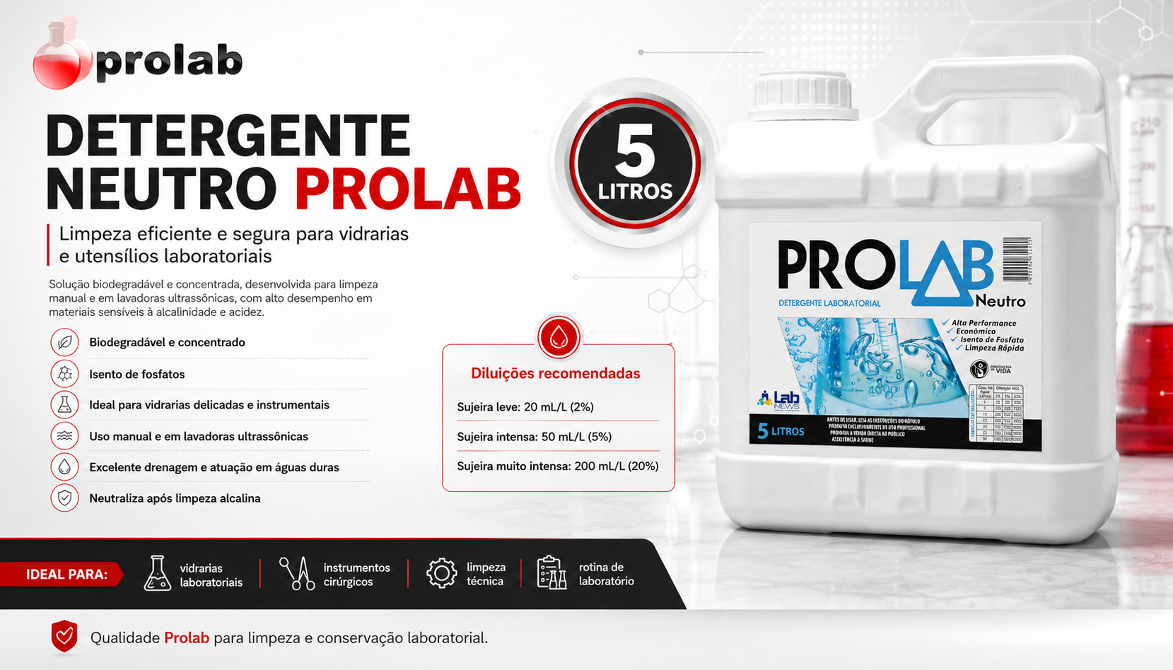 Detergente Neutro Prolab para Vidrarias Laboratoriais PROLAB-NEUTRO Frasco 5 Litros