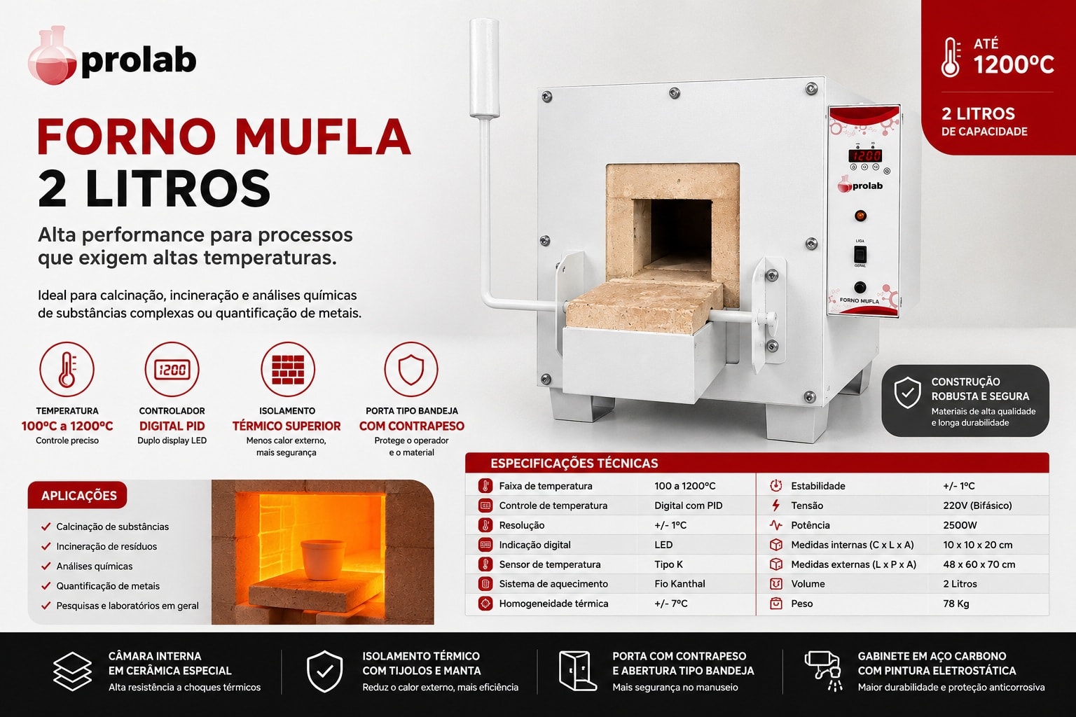 Forno Mufla 2 Litros Digital 1200°C Prolab SSFM2L de bancada para laboratório