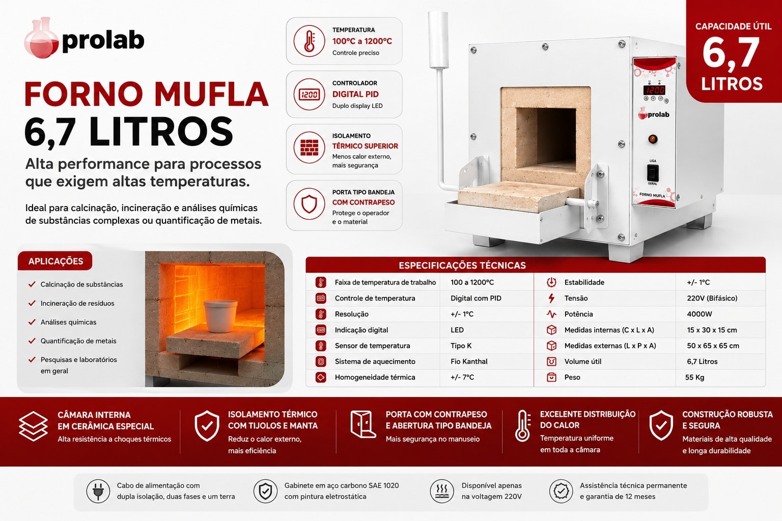 Forno Mufla 6,7 Litros Digital 1200°C Prolab SSFM67L para laboratório