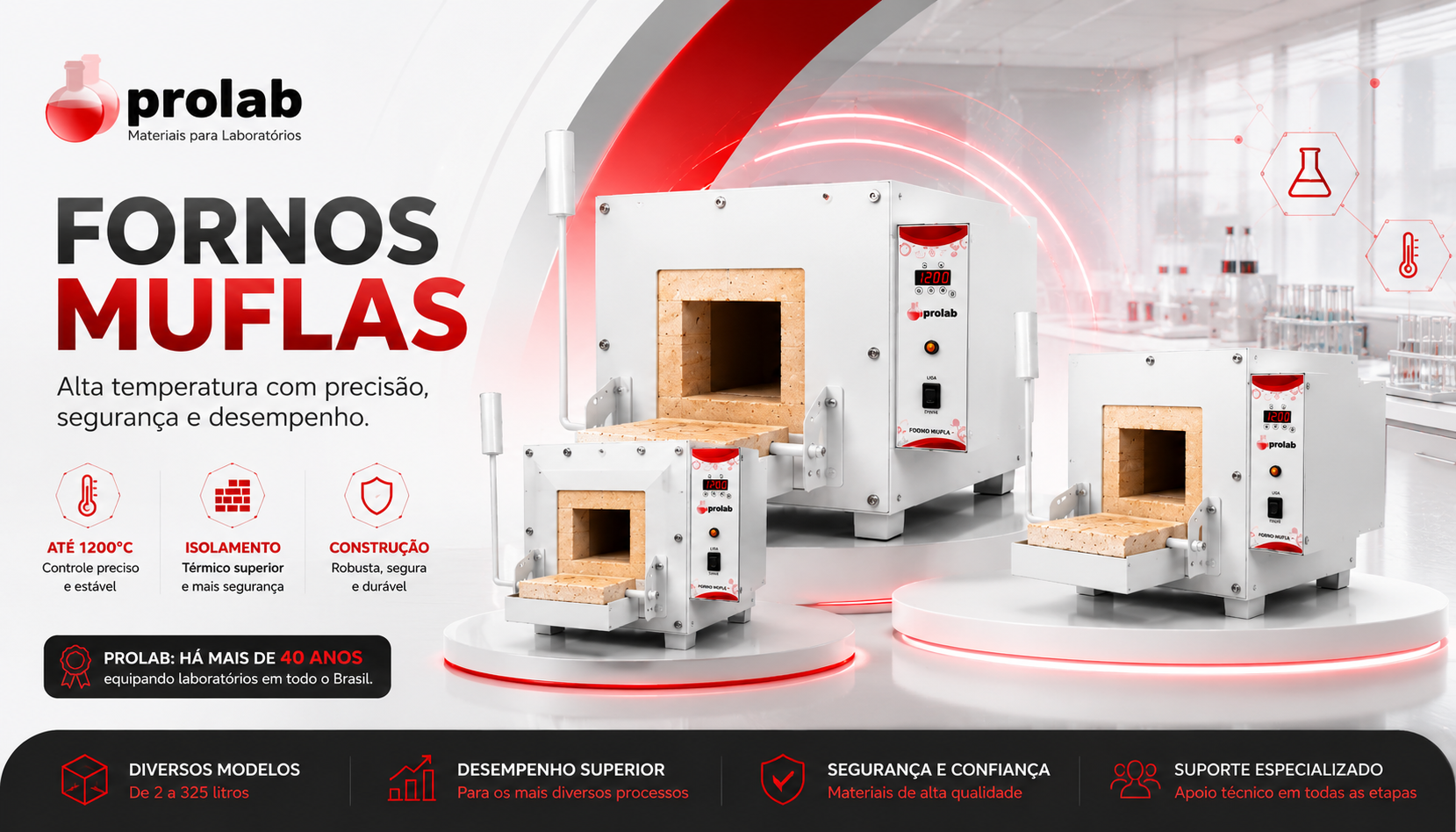 Fornos mufla Prolab para laboratório: alta temperatura até 1200 graus, modelos de 2 a 325 litros, com isolamento térmico e construção robusta