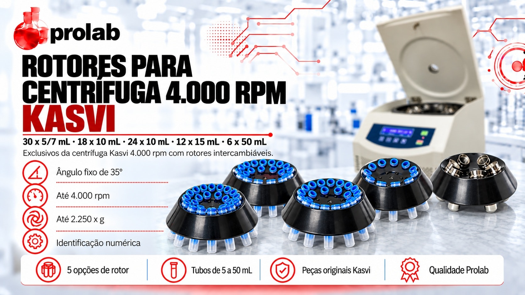 Rotores Kasvi para a centrífuga 4.000 rpm, vendidos pela Prolab
