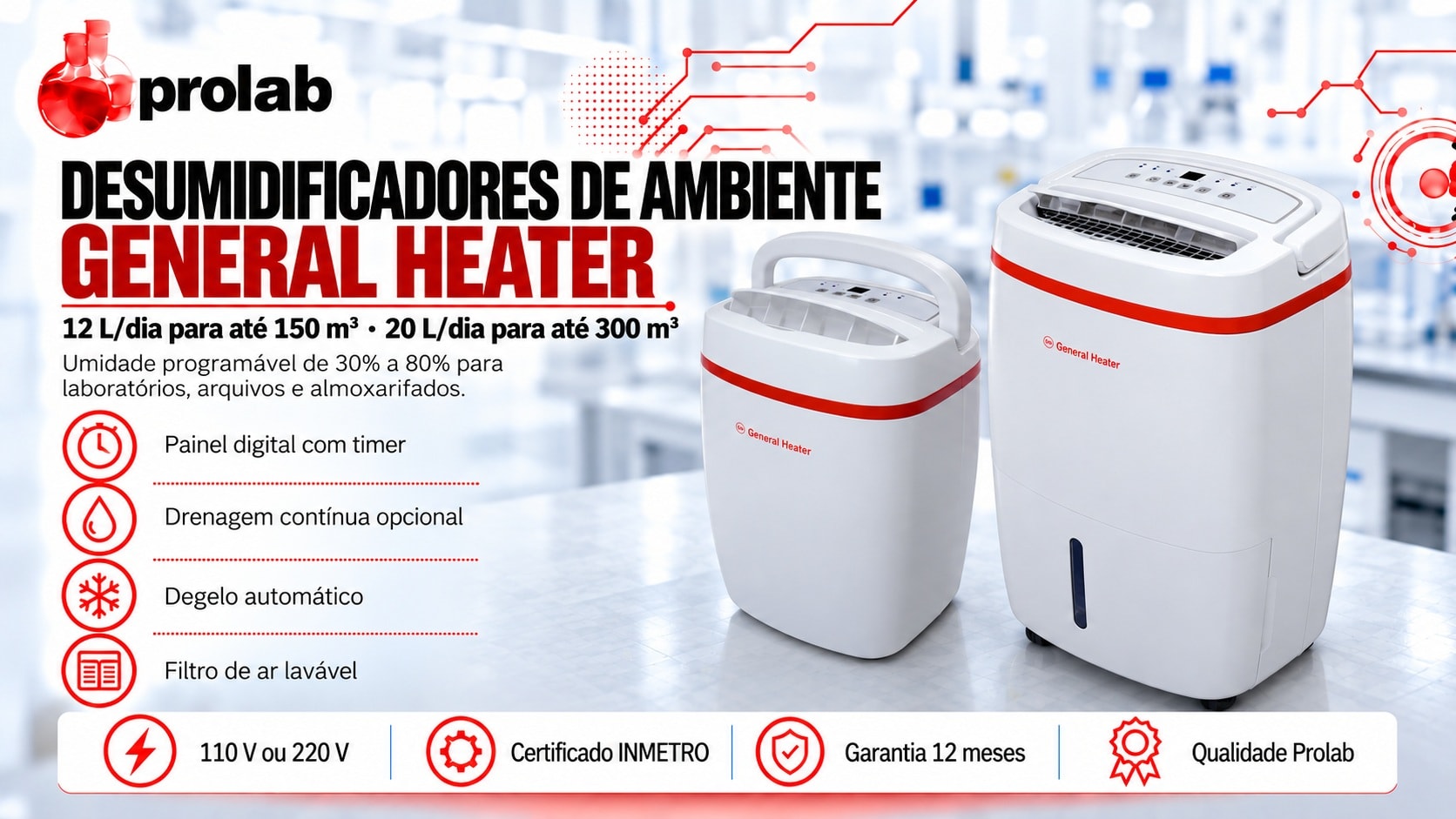 Desumidificadores de ambiente General Heater GHD-1200 e GHD-2000, 12 e 20 litros por dia, com painel digital e drenagem contínua