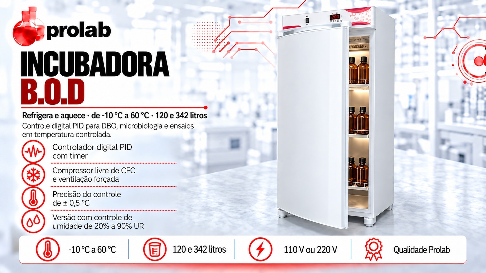 Incubadora BOD Prolab: refrigera e aquece de -10 °C a 60 °C, em 120 e 342 litros, com versão de controle de umidade